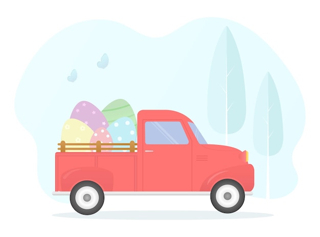 Camion retrò di Pasqua con le uova Vacanze primaverili di Pasqua Illustrazione vettoriale