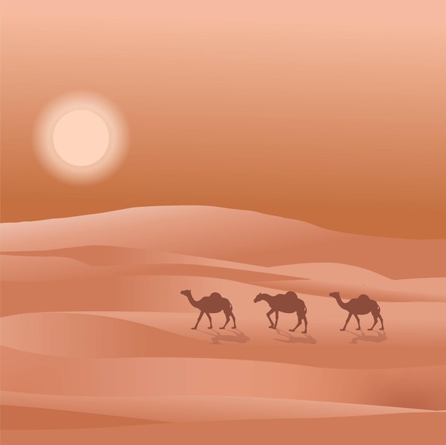 Cammelli che camminano attraverso il deserto eid mubarak biglietto di auguri ramadan kareem modello paesaggio arabo illustrazione orizzontale