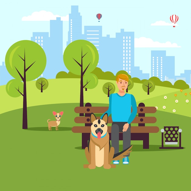 Camminata dell&#39;amante del cane nell&#39;illustrazione piana di vettore del parco