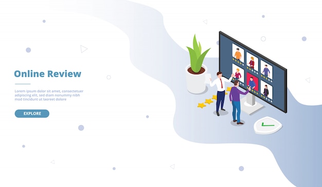Campagna di recensioni online per l'homepage di landing page di modelli di siti Web con stile piatto isometrico
