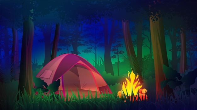 Campeggio di notte nella foresta profonda con diverse tende, luci falò, alberi, paesaggio dei cartoni animati