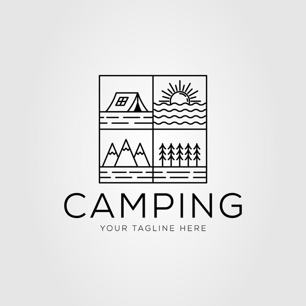 Campeggio estivo o tenda da montagna e disegno dell'illustrazione vettoriale del logo dell'oceano