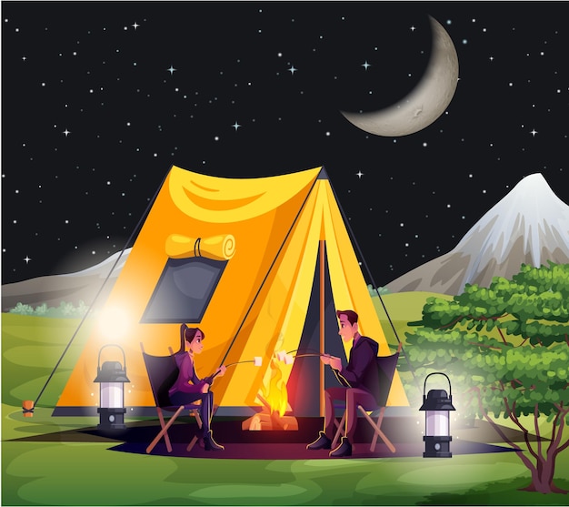 Campeggio notturno, tenda, avventura all'aperto, paesaggio naturale