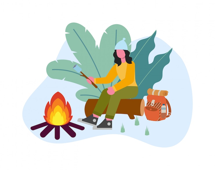 Vettore camper della giovane donna che si siede sulla caramella gommosa e molle di torrefazione del ceppo sopra l'illustrazione piana di progettazione del fuoco di accampamento