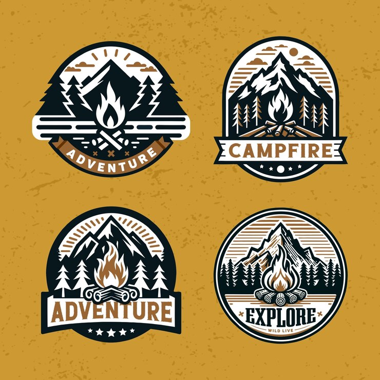 Campfire Outdoor Adventure Emblem Logo disegni con stile disegnato a mano