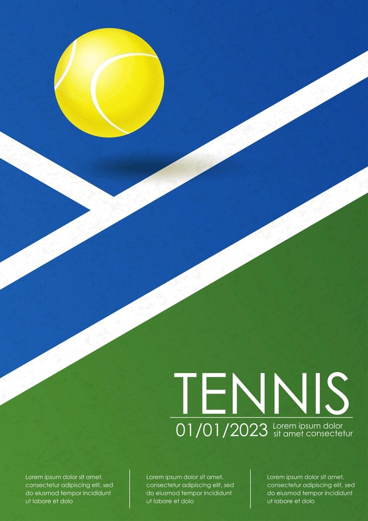 Vettore campionato di tennis e poster del torneo campo da tennis blu illustrazione per il campionato della competizione sportiva palla on line campo da tennis e palla attrezzature sportive illustrazione verticale per la copertina