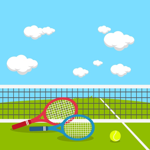 Campo da tennis con racchetta da tennis e palla da tennis Torneo sportivo di tennis all'aperto Immagine vettoriale