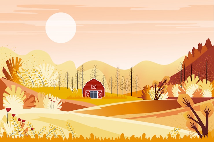 Vettore campo dell'azienda agricola del paesaggio di panorama di autunno con il cielo arancio