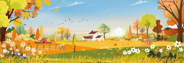 Vettore campo dell'azienda agricola di paesaggio di panorama di autunno