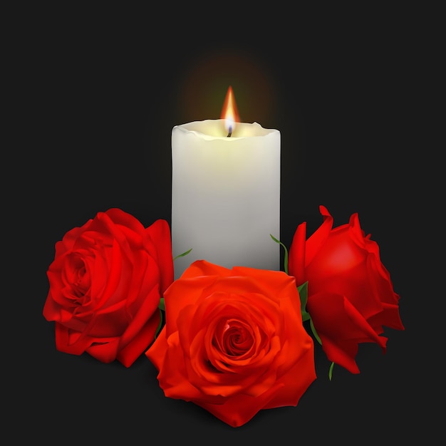 Candela realistica e boccioli di rosa su sfondo nero