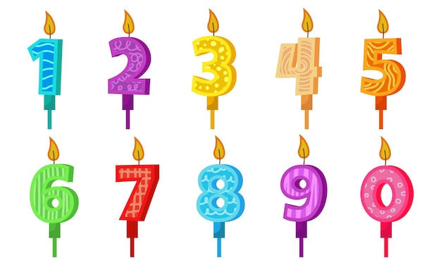 Candele di compleanno con numeri e fuoco Impostare le icone colorate per l'anniversario o la celebrazione di una festa