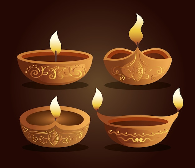 Candele diwali felici messe su colore marrone