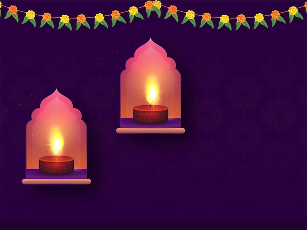 Candele illuminate a lume di candela decorate con finestra ad angolo e ghirlanda floreale Toran su sfondo viola Mandala con spazio per la copia