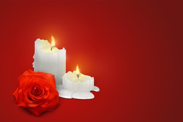 Candele realistiche e bocciolo di rosa su sfondo rosso
