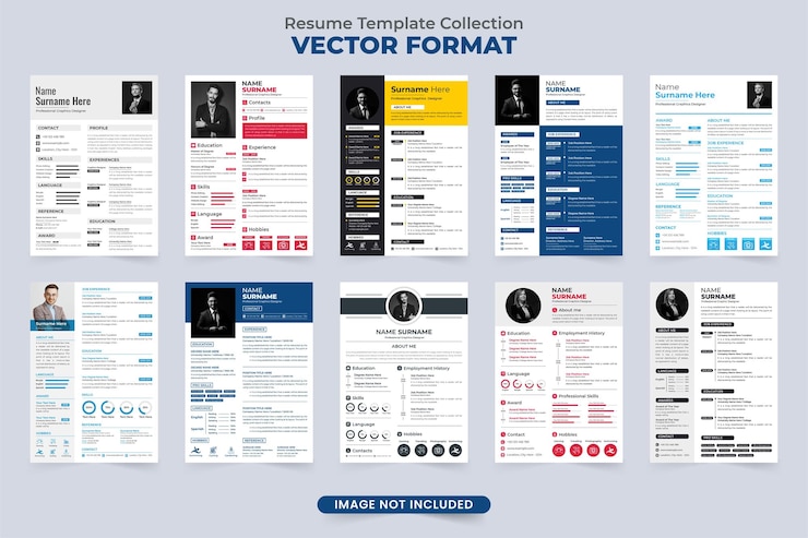 Vettore candidatura per lavoro d'ufficio cv e modello di curriculum set vettoriale con segnaposto per foto collezione moderna di design del layout del curriculum per i dipendenti vettore del pacchetto di modelli di cv stagista aziendale per il lavoro ufficiale