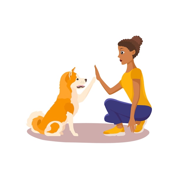 Cane Akita che dà la zampa alla ragazza dalla pelle scura Amore per l'animale domestico Illustrazione vettoriale piatta isolata