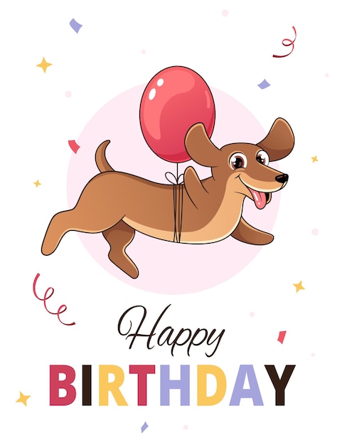 Cane bassotto che vola su un palloncino, illustrazione del biglietto d'auguri