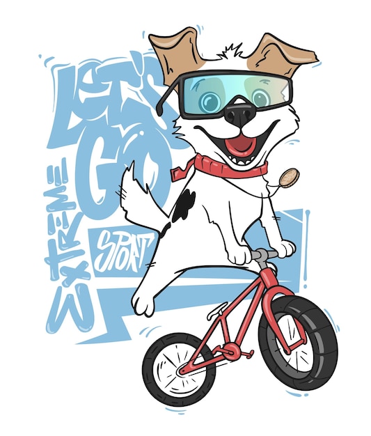 Cane dei cartoni animati che cavalca una bicicletta vettore T-Shirt design