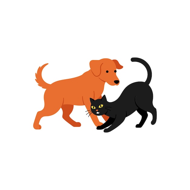 Cane e gatto giocosi che interagiscono in un'illustrazione vettoriale a colori piatti