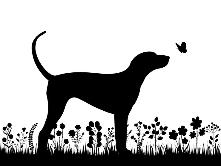 Vettore cane sulla siluetta nera dell'erba isolata