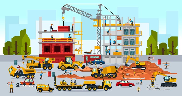 Cantiere il lavoro di un folto gruppo di costruttori che costruiscono una casa Una serie di auto di riparazione di veicoli di servizio gru Illustrazione vettoriale uno stile piatto