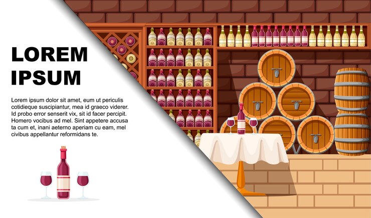 Vettore cantina con ripiani, botti e tavolo