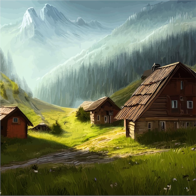 Capanna sul prato verde davanti alla casa delle montagne rocciose nel fumetto moderno di aria pulita naturale della campagna