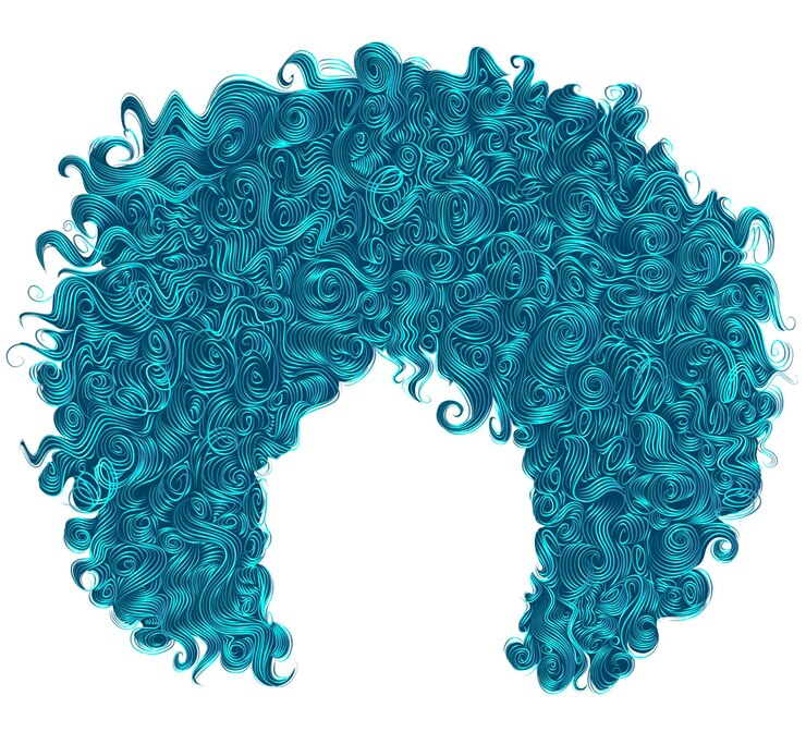 Capelli blu ricci alla moda. realistico. acconciatura sferica. stile di bellezza alla moda.