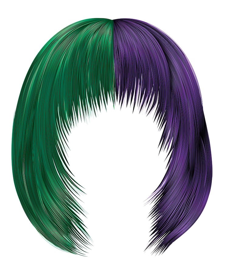 Vettore capelli di donna alla moda colori viola e verdi. kare con frangia. moda di bellezza. 3d realistico .colorazione.