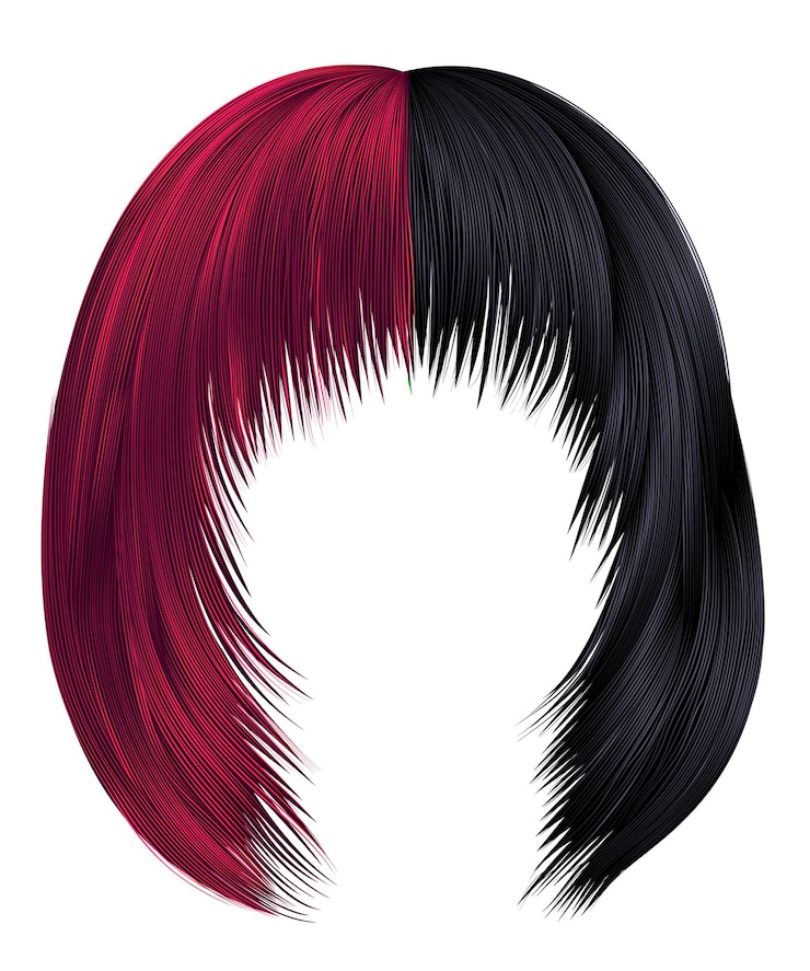 Vettore capelli donna alla moda colori nero e rosso. kare con frangia. moda di bellezza. colorazione 3d realistica,