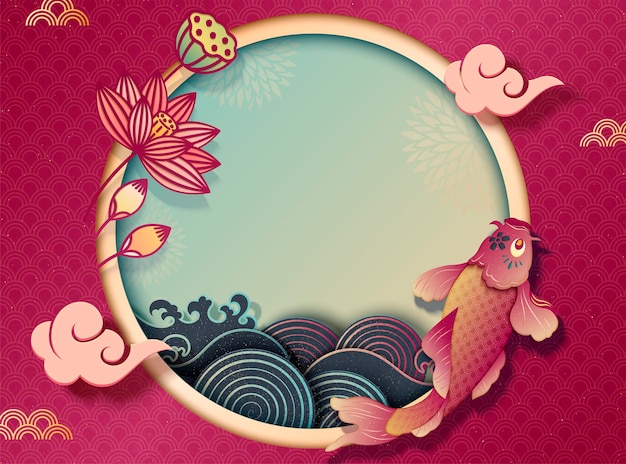Capodanno cinese con decorazioni di carpe koi e loto, sfondo in stile arte cartacea con maree d'onda