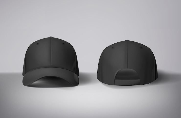 Vettore cappelli da baseball neri a sfondo grigio davanti e dietro per il branding e la pubblicità