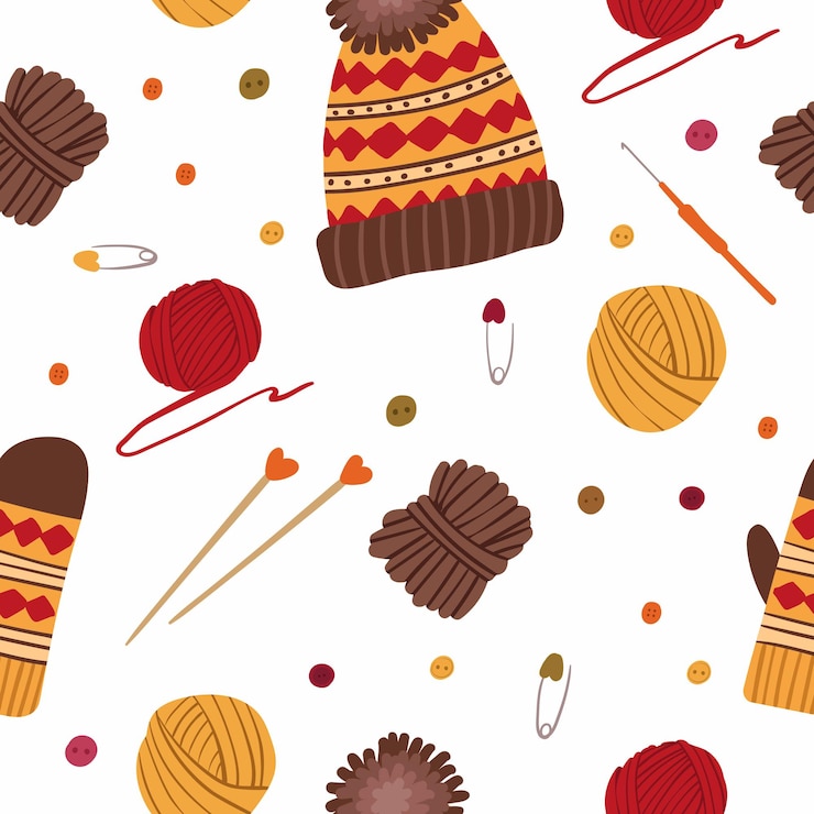 Vettore cappelli e guanti per maglieria senza cuciture vestiti lavorati a maglia fatti a mano illustrazione disegnata a mano
