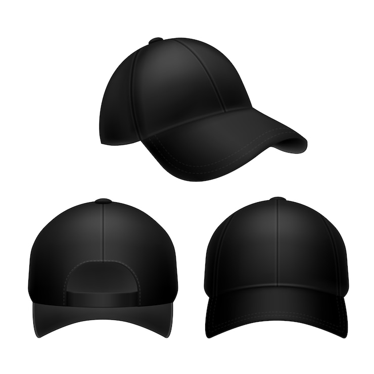 Vettore cappellino da baseball nero. cappello vuoto, berretti copricapo nella vista posteriore, anteriore e laterale.