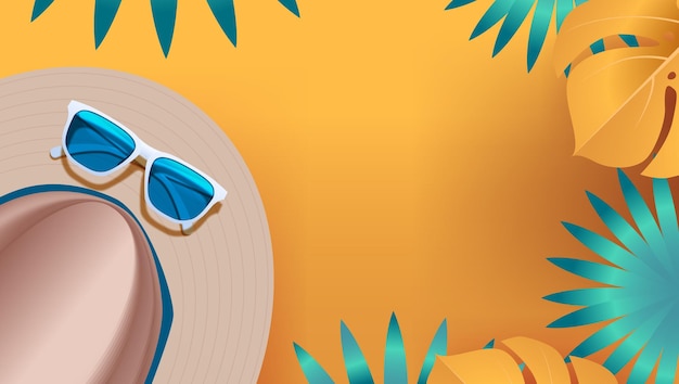 Cappello da spiaggia occhiali da sole foglie tropicali sfondo estivo