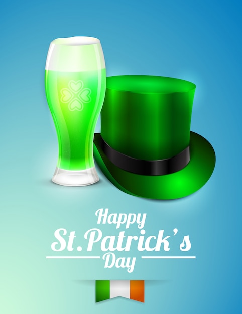 cappello di birra e leprechaun su sfondo blu