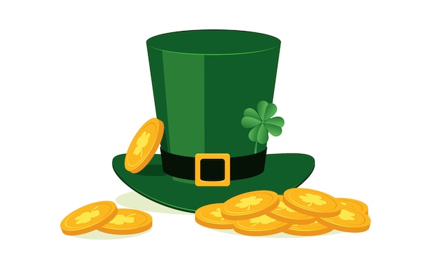 Cappello di leprechaun verde con quattro foglie di trifoglio e monete d&#39;oro