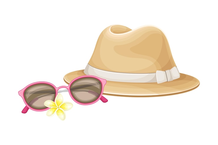 Vettore cappello di paglia con bordi larghi e occhiali da sole come composizione vettoriale per le vacanze in spiaggia