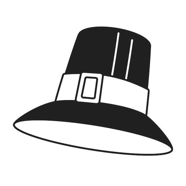 Cappello di pellegrino in bianco e nero oggetto di cartone animato 2D accessorio tradizionale per la testa oggetto di contorno vettoriale isolato costume autentico per il giorno del Ringraziamento Cappello a tetto piatto illustrazione a punto piatto monocromatico