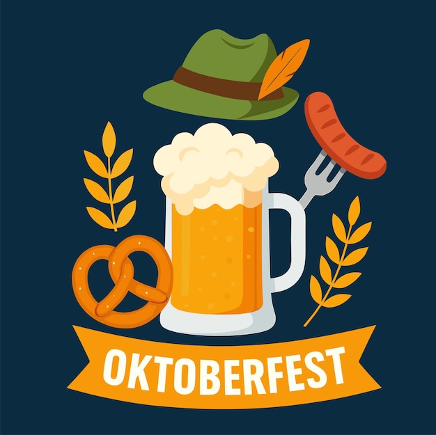 Cappello tradizionale dell'Oktoberfest e snack Illustrazione sfondo scuro