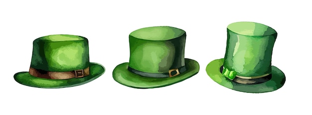 Cappello verde con set di acquerelli di prua isolato su sfondo bianco Elementi decorativi del giorno di San Patrizio Illustrazione vettoriale