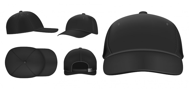 Vettore cappuccio nero. modello di berretti da baseball sport, cappello estivo con visiera e cappelli uniformi diverse viste insieme realistico 3d. pacchetto illustrazioni copricapo. vista frontale, superiore, laterale, posteriore