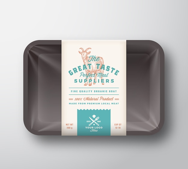 Capra di grande gusto. Contenitore per vassoio in plastica per carne con coperchio in cellophane. Modello di etichetta di design di imballaggio tipografia retrò. Annata di capra disegnata a mano