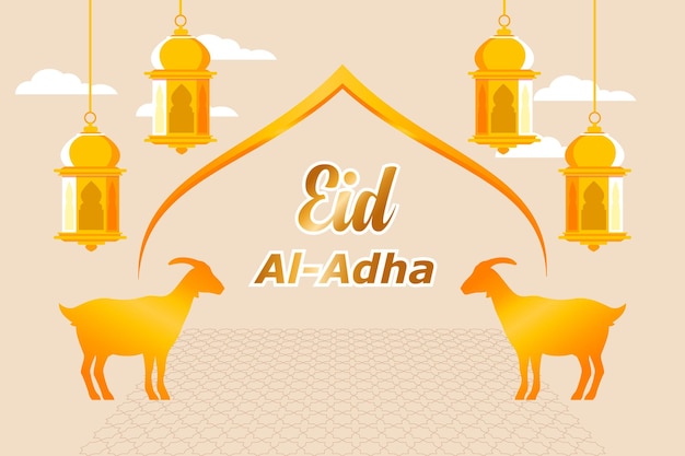 Capre e lanterna d'oro su fondo crema Eid alAdha illustrazione vettoriale piatta isolata