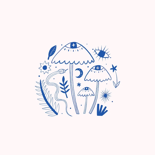 Capricciosi funghi blu e elementi della natura Illustrazione