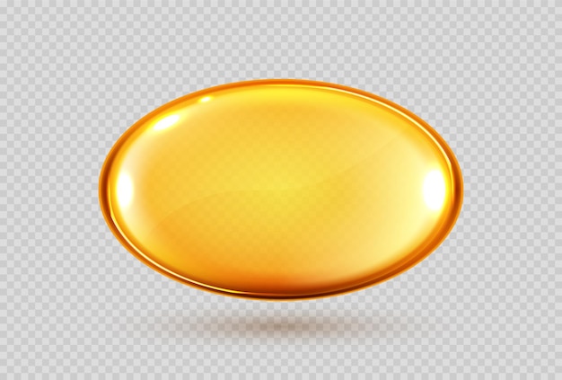 Capsula di olio d'oro vitamina pillola rotonda Cosmetici omega 3 bolla d'oro Goccioline di siero o essenza di collagene isolate su sfondo trasparente