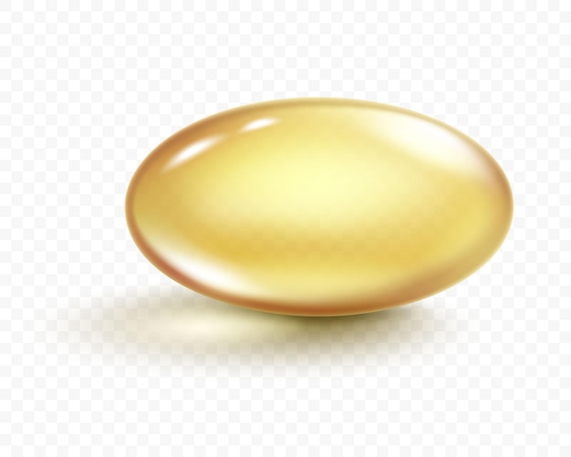 Capsula di olio di pesce reale di vettore con effetto di trasparenza e ombra. Pillole medicinali realistiche con olio di pesce o integratore vitaminico omega 3 isolato su sfondo bianco. illustrazione vettoriale 3d