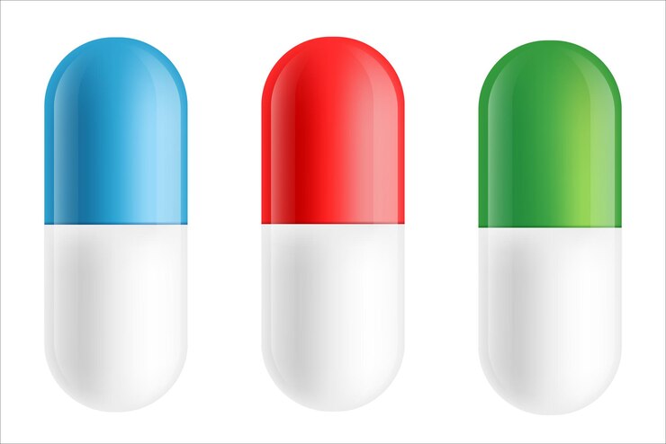 Vettore capsule medicinali colorate pillole blu, rosse e verdi