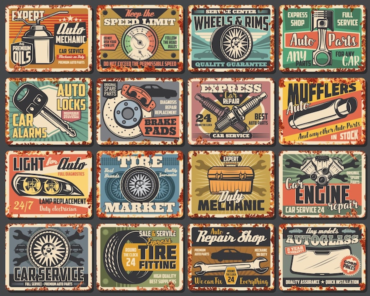 Vettore car service lastre di metallo arrugginito segni di ruggine vintage