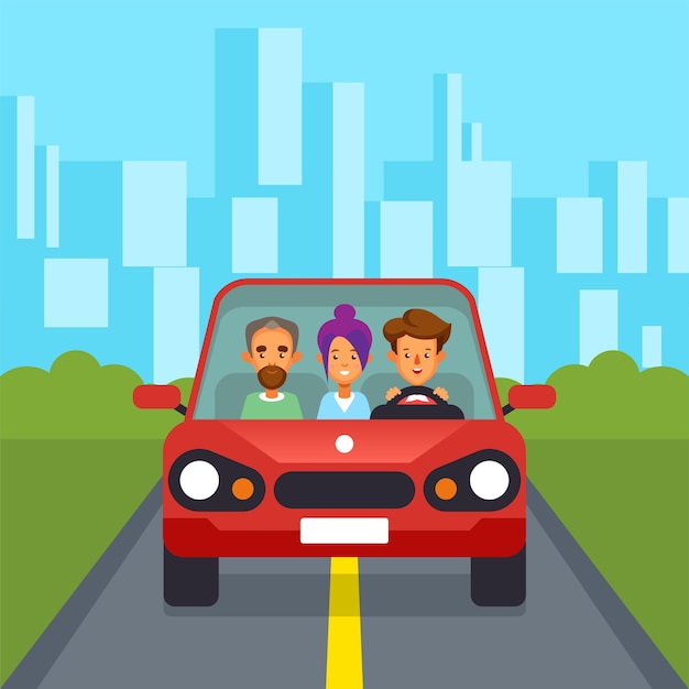Car sharing Gruppo di persone car pooling Sfondo di paesaggio urbano con strada